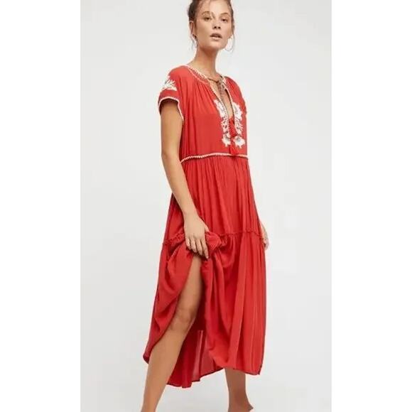 Free People Women's Ticket Paradise Boho Maxi Dress Gauzy Embroidered Tiered XS - Picture 1 of 11